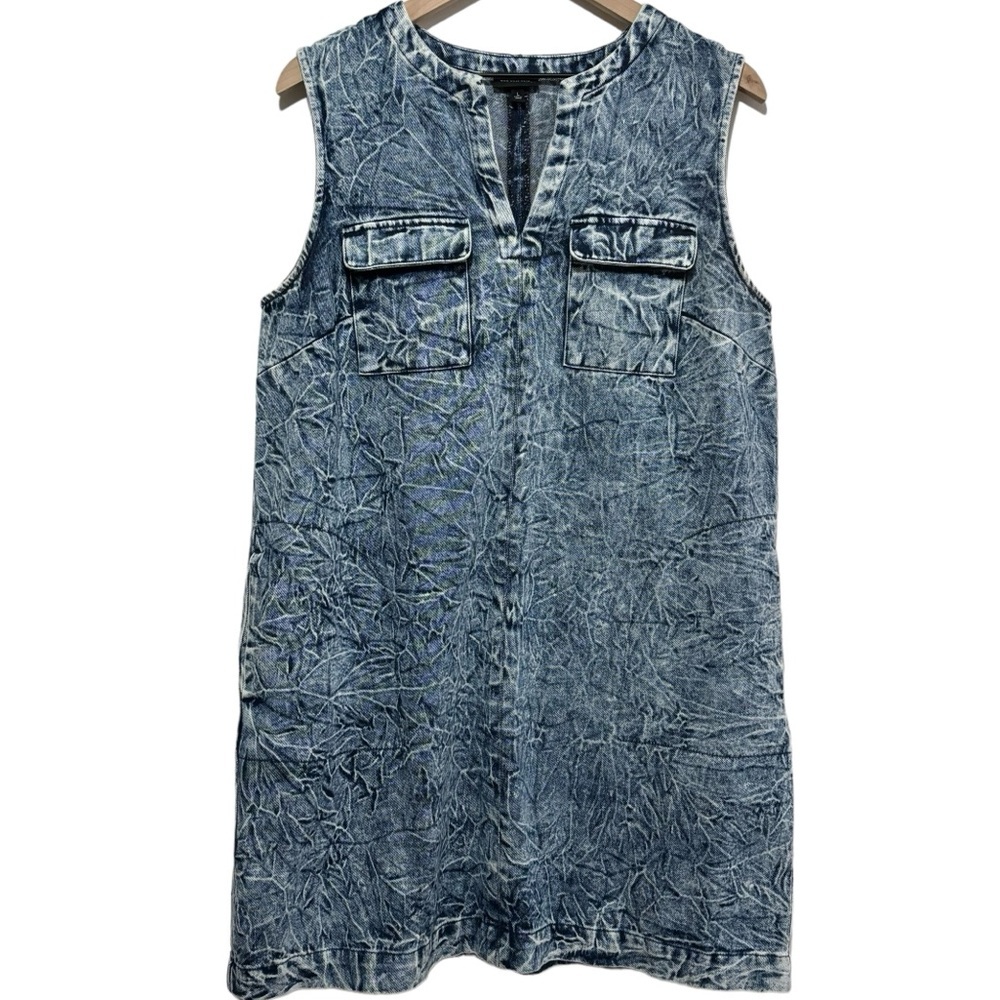 Y2K Acid Wash Denim Shift Dress Women's L Denim Blue Sleeveless Pockets Casual